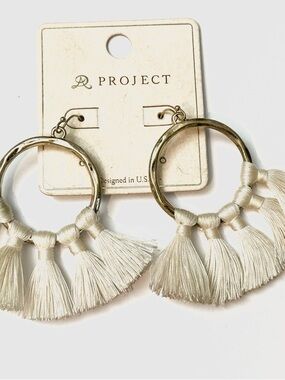 Cream Tassel Hoop Earrings